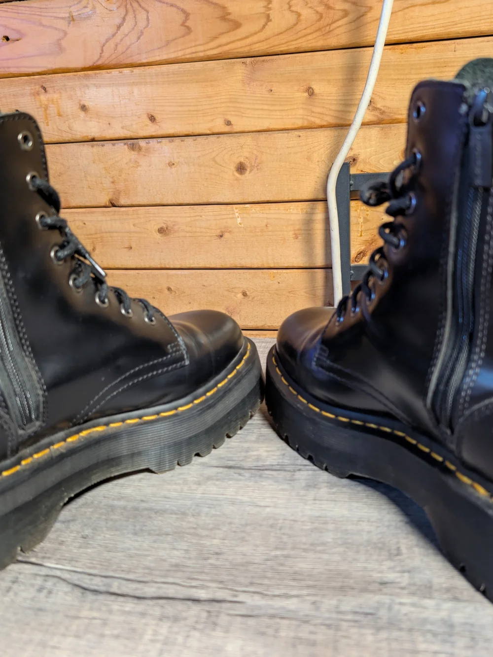 Dr. Martens Black Leather Platform Lace-Up Boots with Yellow Stitching